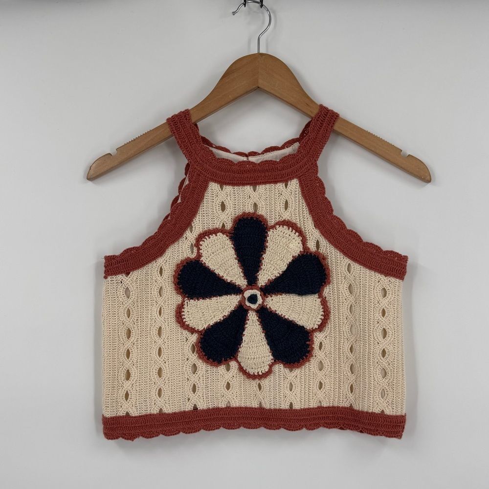 SEA New York x Zara Crochet Knit Flower Tank Top in Cream/Rust/Navy | Size 13/14
